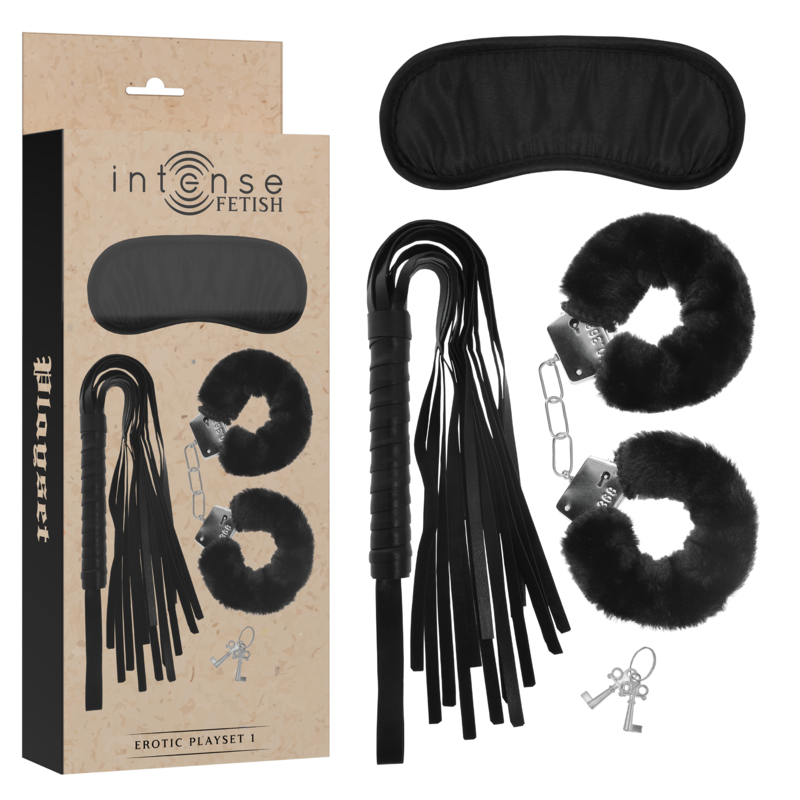 INTENSE - FETISH EROTIC PLAYSET 1 WITH HANDCUFFS, BLIND MASK AND FLOGGER